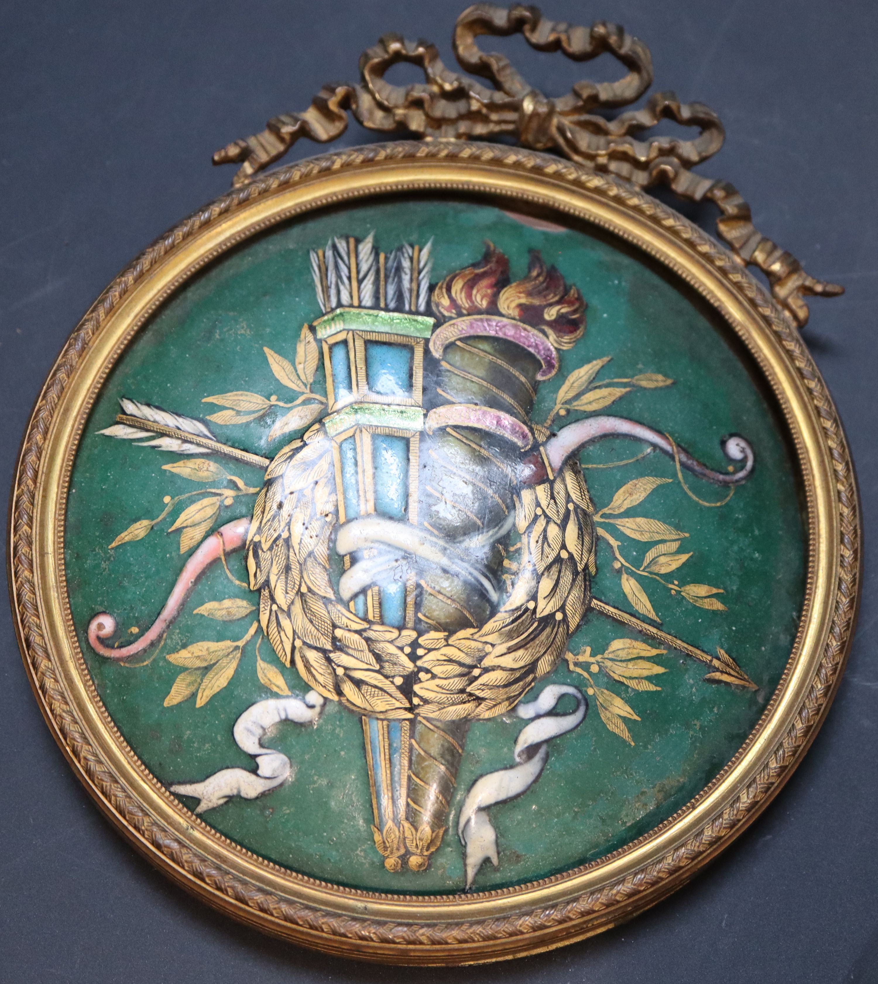 A 19th century French enamelled copper trophy plaque, in ormolu ribbon frame, width 12.5cm height 14.5cm